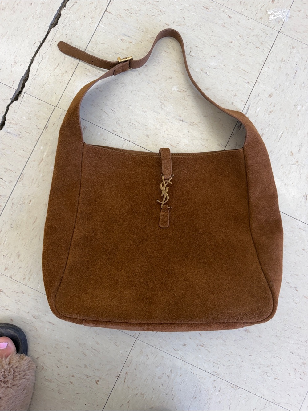 Saint Laurent Chestnut Suede Shoulder Bag with Gold YSL Hardware